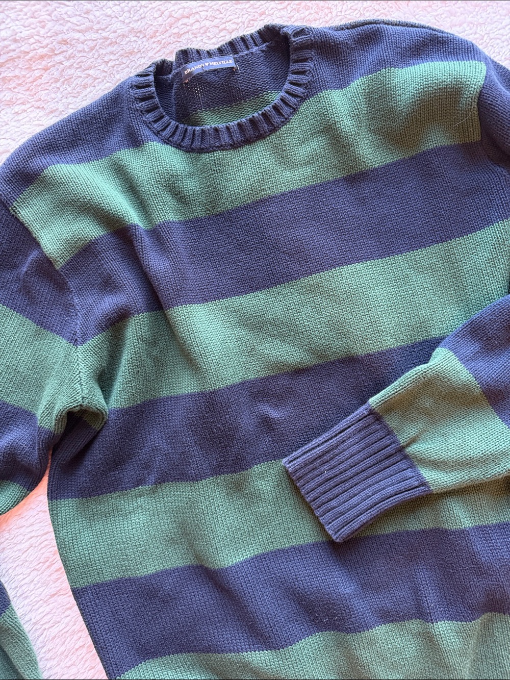 Brandy Melville Navy & Green Striped Crewneck Sweater